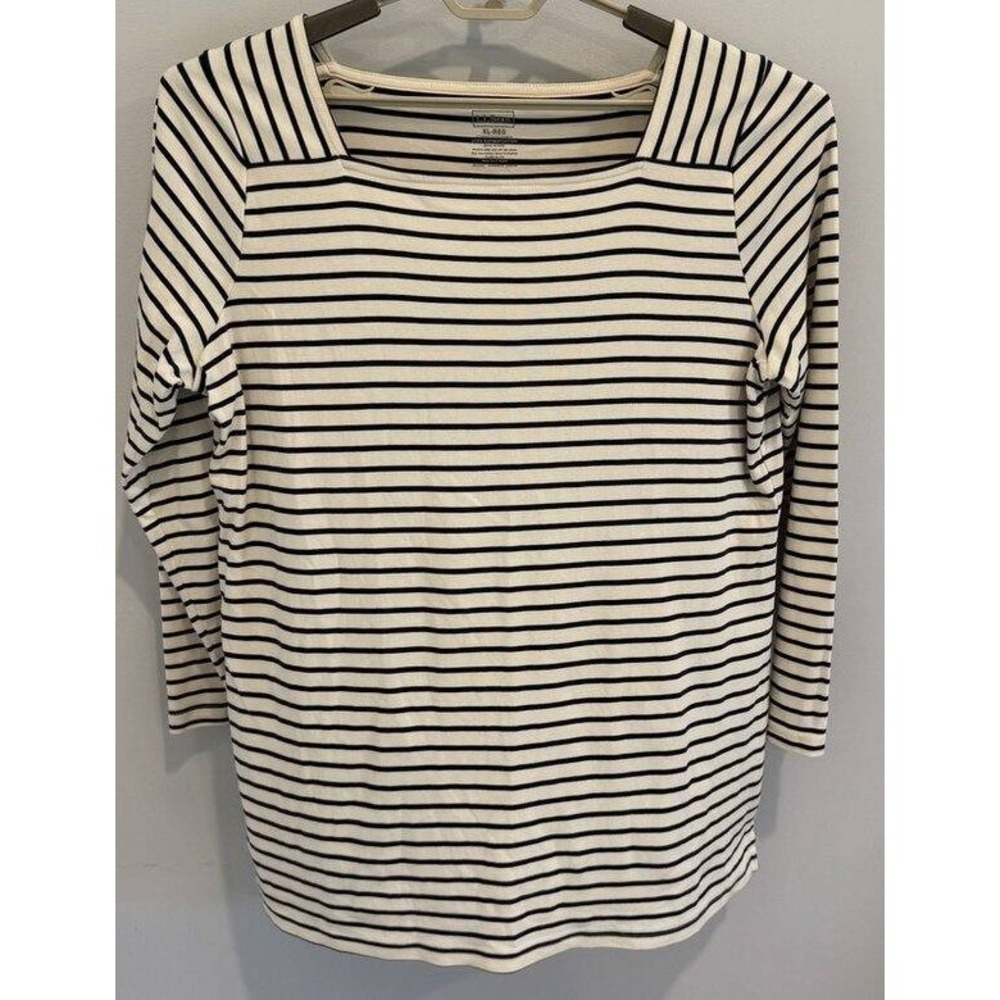 LL Bean Square Neck Nautical Ivory Navy Blue Stripe Long Sleeve Tunic Shirt XL